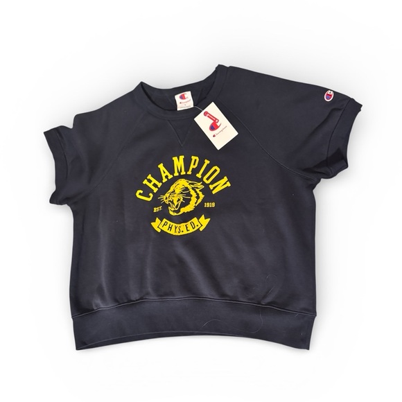 Champion Tops - Champion Women’s Short Sleeve Navy Sweatshirt with Yellow Logo